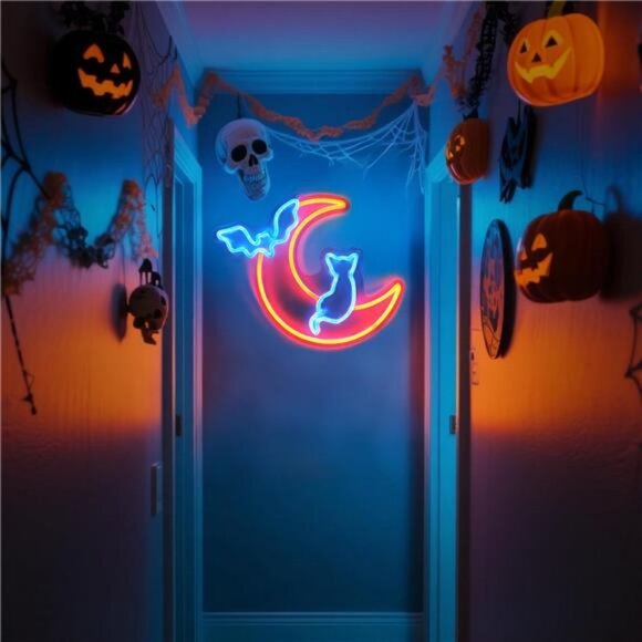 Halloween Neon Sign Wall Decor - Moon&Bat&Cat Themed Halloween LED Lights - Picture 6 of 7
